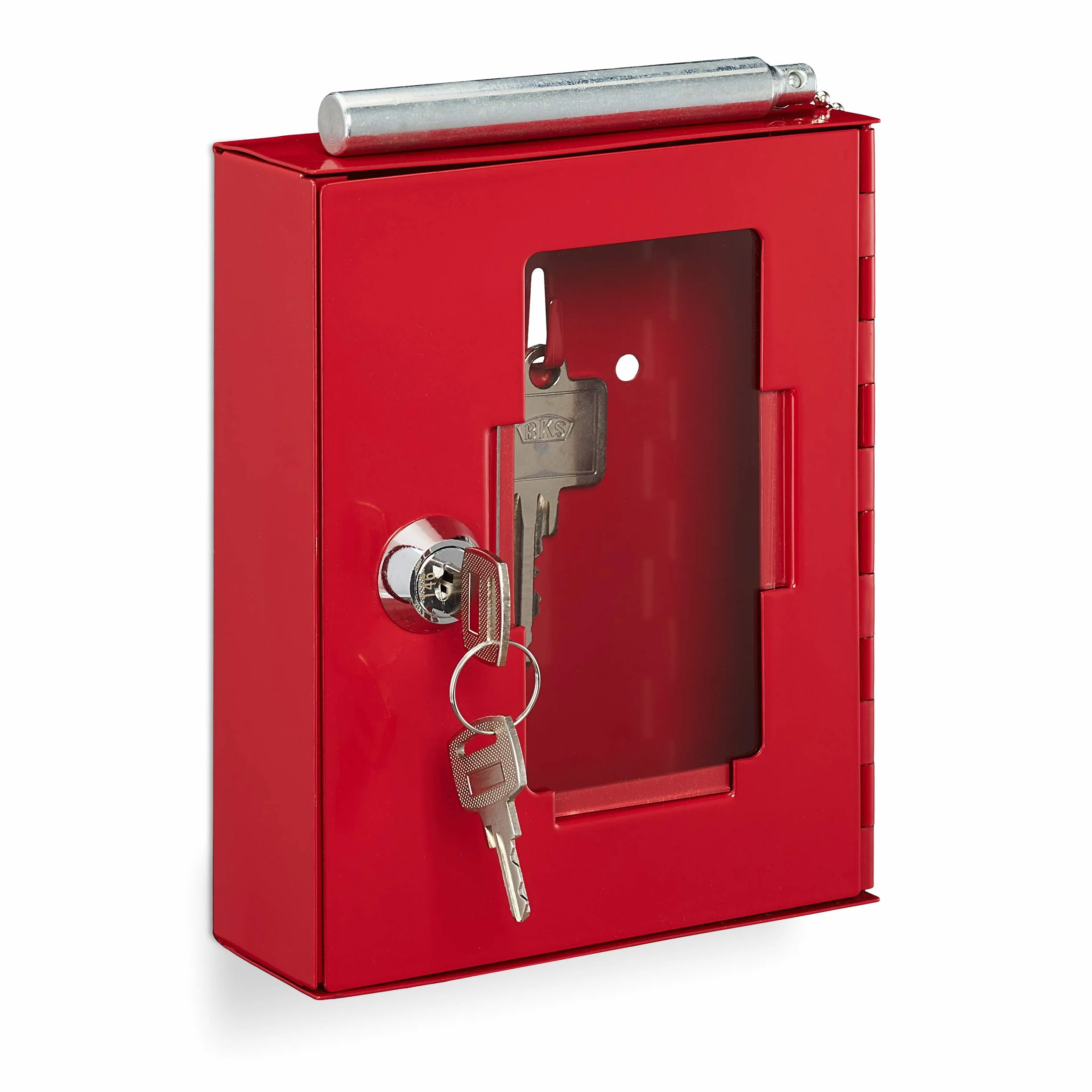 Relaxdays Cassetta con Chiave di Emergenza, con Martelletto Rompivetro, Chiudibile, Piccola Box, Metallo, Rosso