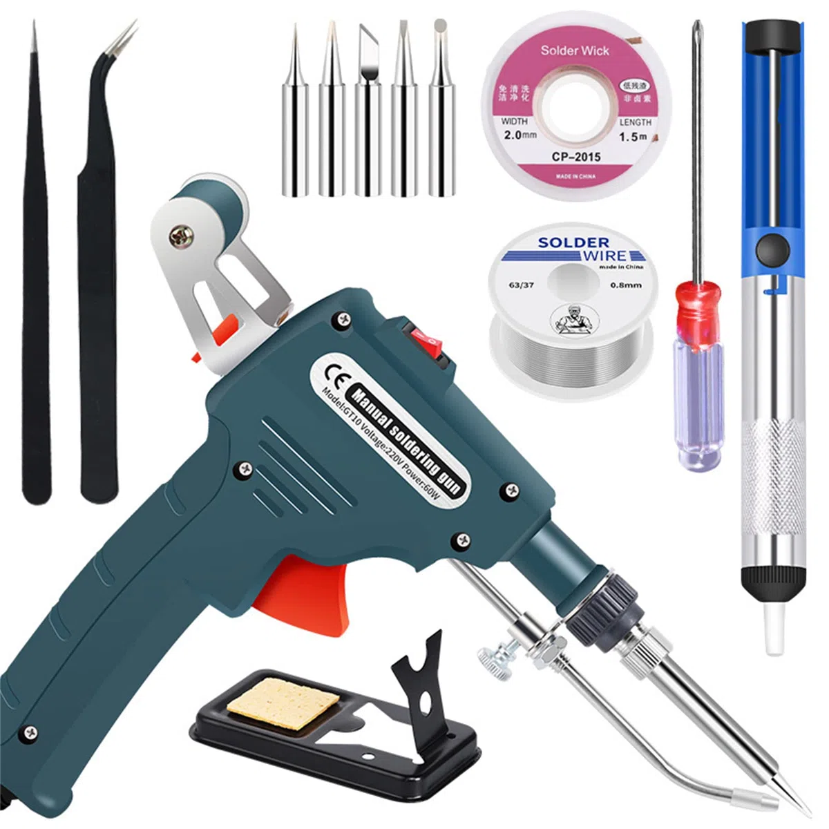Kit pistola per saldatura elettronica da 60 W con 5 punte per saldatura, pompa dissaldante, pinzette, fili di saldatura, supporto e cacciavite Phillips per elettronica, riparazione, fai da te (Verde)