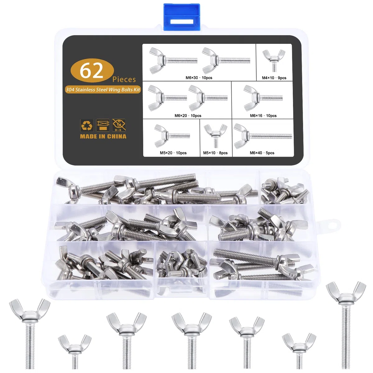 Gueenky 62 Pezzi Dadi ad Alette, M4 M5 M6 Dado a Farfalla in Acciaio Inox Bulloni a Vite a Farfalla, 7 Misure Viti ad Alette a Farfalla Dado ad Alette a Farfalla Assortimento Kit