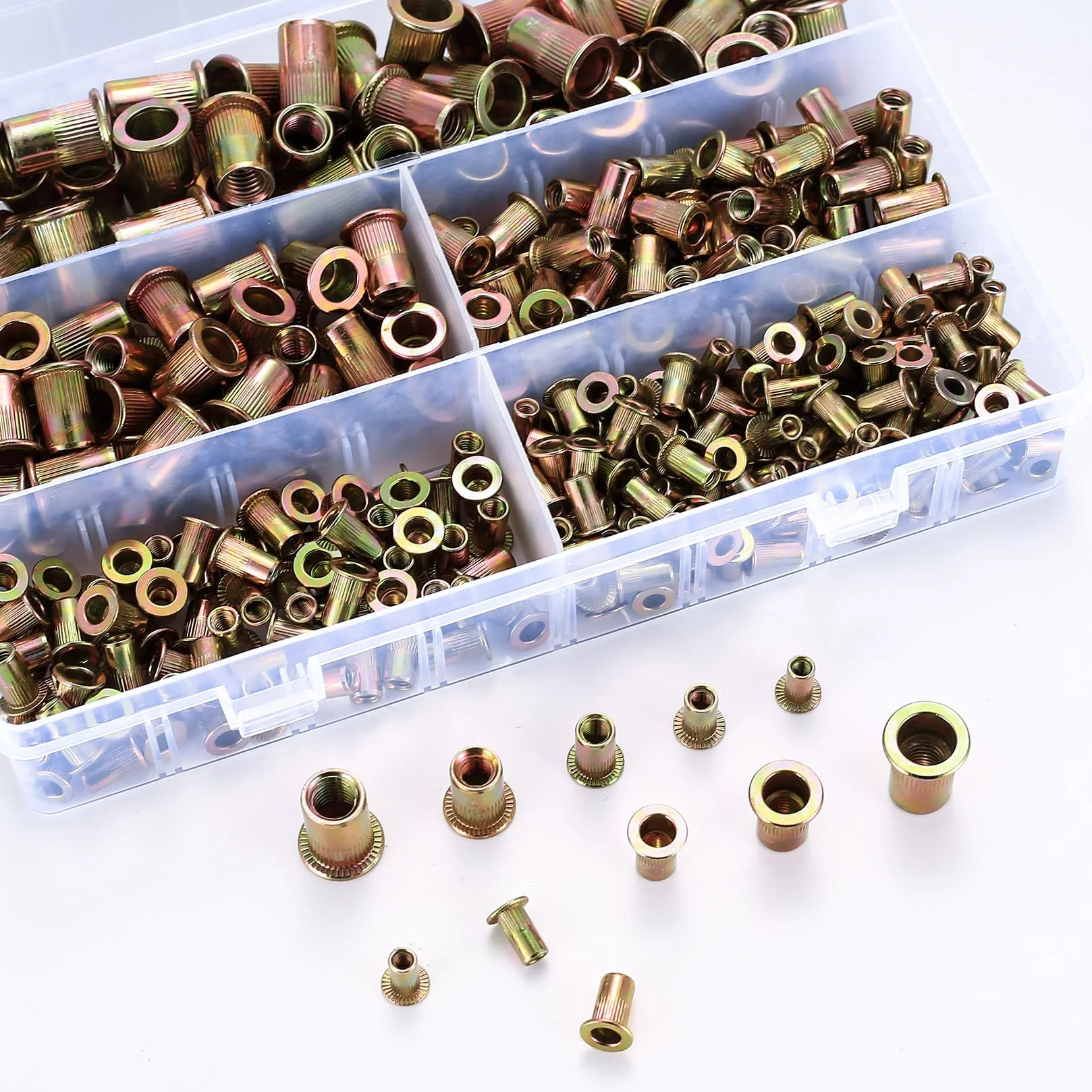 Set di 400 Dadi Rivetti a Testa Piatta - Inserti in Acciaio al Carbonio SAE UNC - Assortimento #5, #8-32, #10-24, 1/4-20, 5/16-18