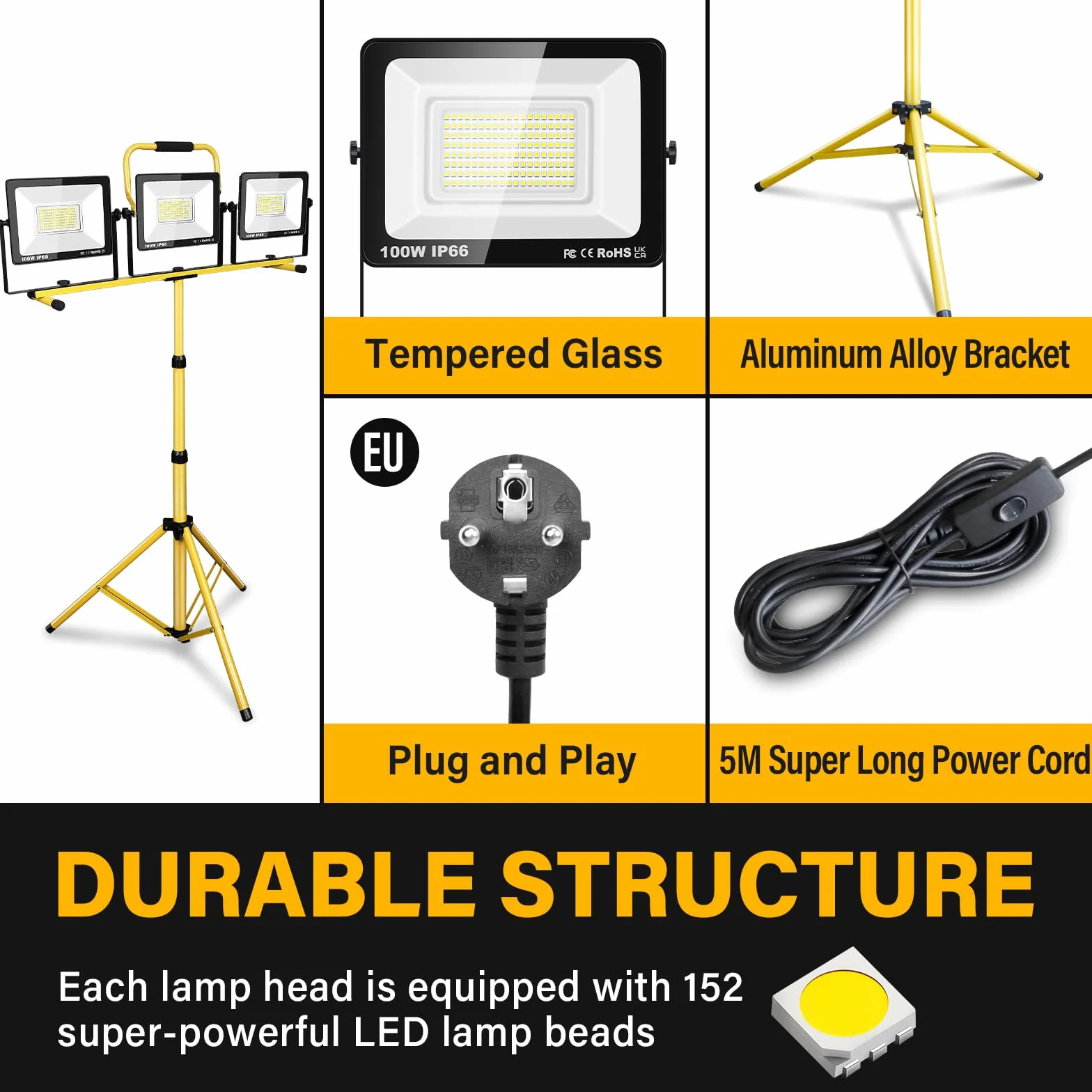 RIGIDON 300W Faretto da Cantiere LED con treppiede, 30000LM 6000K Bianco Proiettore a LED Luce da lavoro Impermeabile IP66 Faro LED Portatile per Interno ed esterno per Garage Giardino Costruzione