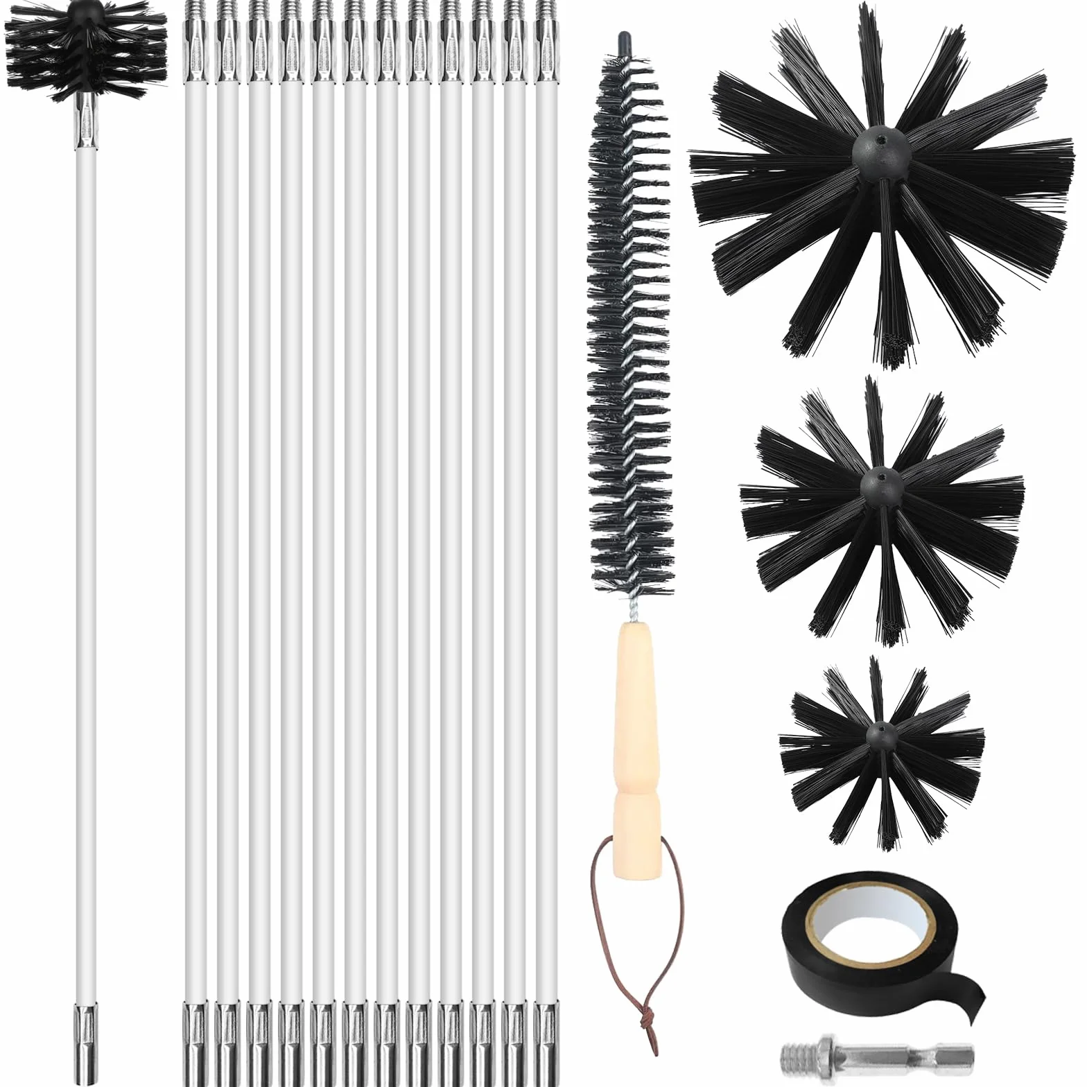 pulizia canna fumaria, set di 17 pezzi per la pulizia delle condutture con 12 aste da 41cm, 3 teste di spazzola da 10/15/20cm, a asta esagonale da 4,5cm, a spazzola con manico in legno da 38 cm