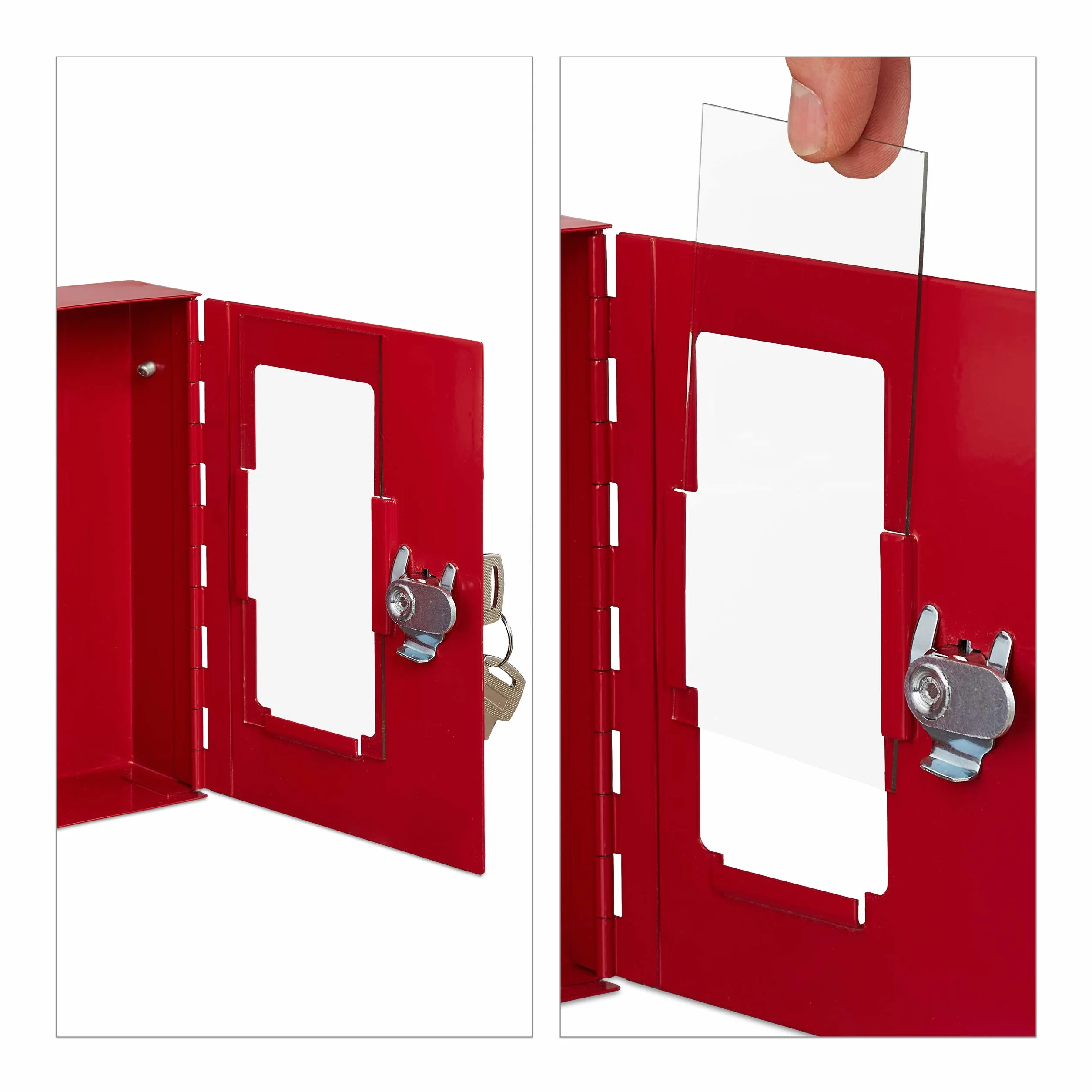 Relaxdays Cassetta con Chiave di Emergenza, con Martelletto Rompivetro, Chiudibile, Piccola Box, Metallo, Rosso