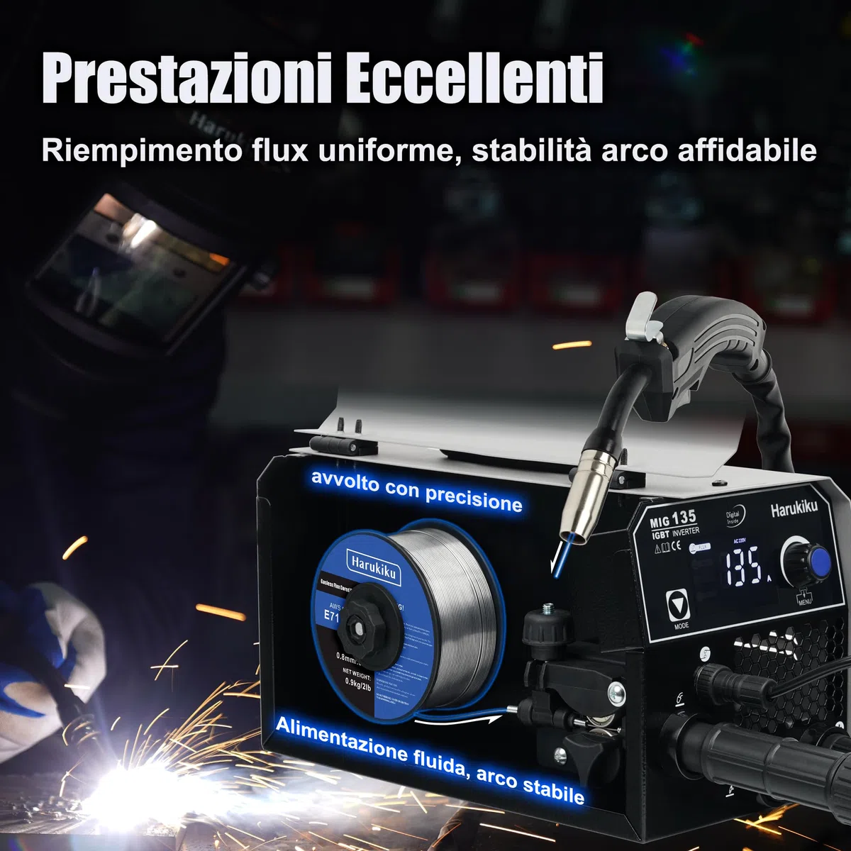Filo Animato No Gas 0,8mm Peso netto: 0,9 kg - Doppia Bobina E71T-GS per Saldatrice MIG, Kit Saldatura Semiautomatica (2 Confezionee)