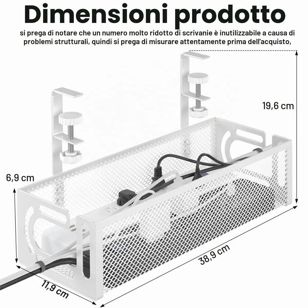 porta cavi scrivania,wire organizer for desk,Vassoio Per La Gestione Dei Cavi Sotto La Scrivania, Organizer Per Cavi Senza Trapano, Scatola di Gestione dei Cavi da Scrivania BIANCO 1 PACK