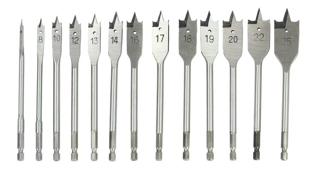 Set di Punte Piatte Mecchie per Legno | 13 Pezzi | Ø6-25 mm | Attacco Esagonale | per Trapano | con Valigetta