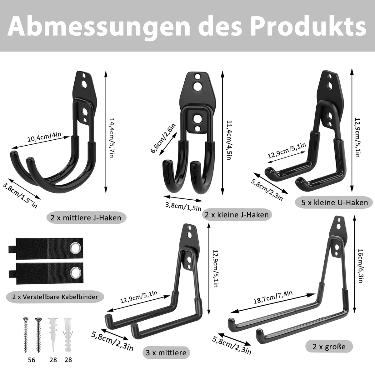 Ganci da Parete per Garage, 14 Pezzi Gancio a J per Garage, Ganci per Garaage Robusti, Gancio Bici Muro per Biciclette, per Organizzare Biciclette, Scale, Sorde, Cavi(Nero)