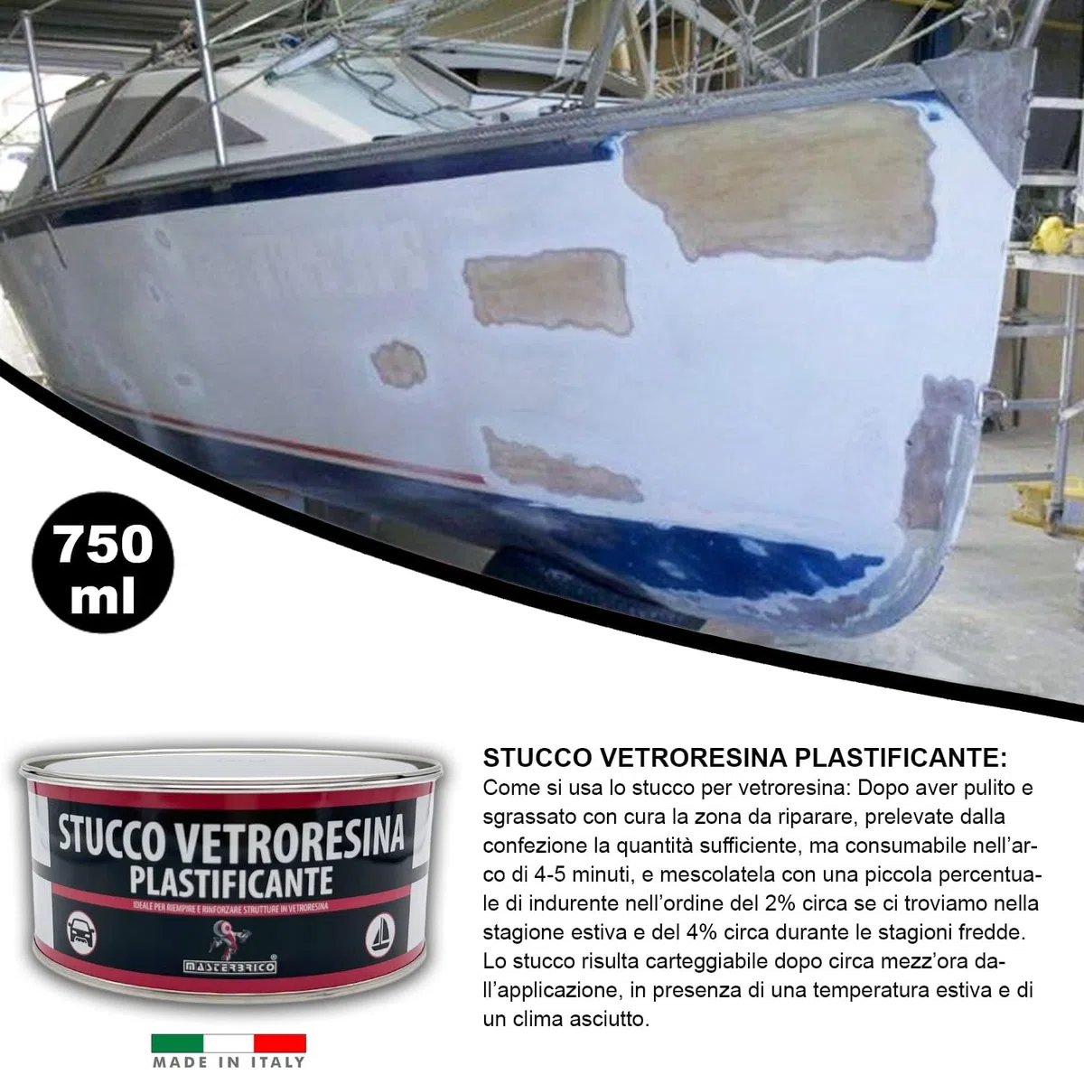 MASTERBRICO Kit Stucco Vetroresina Bicomponente 750 ml + Gelcoat Paraffinato 1 kg – Finitura e Riparazione Professionale per Nautica, Vetro Moto, Laminati e Carrozzeria