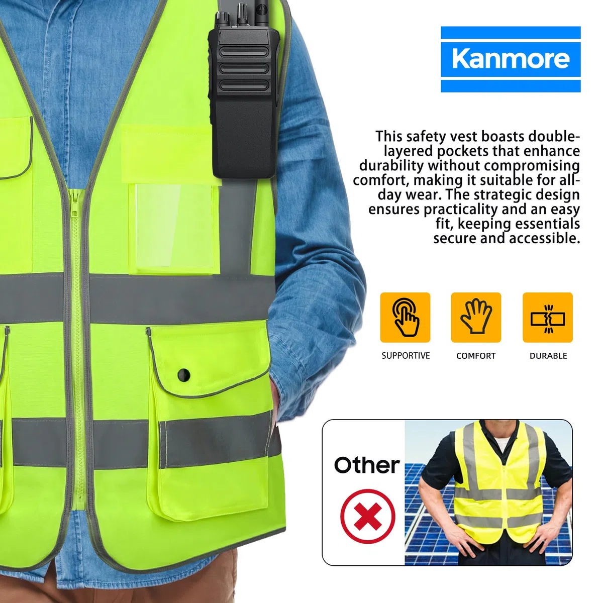 Gilet di sicurezza ad alta visibilità, arancione/giallo, EN ISO 20471, 7 tasche ad alta visibilità con bottoni automatici, riflettente e lavabile, per la sicurezza edile e personale