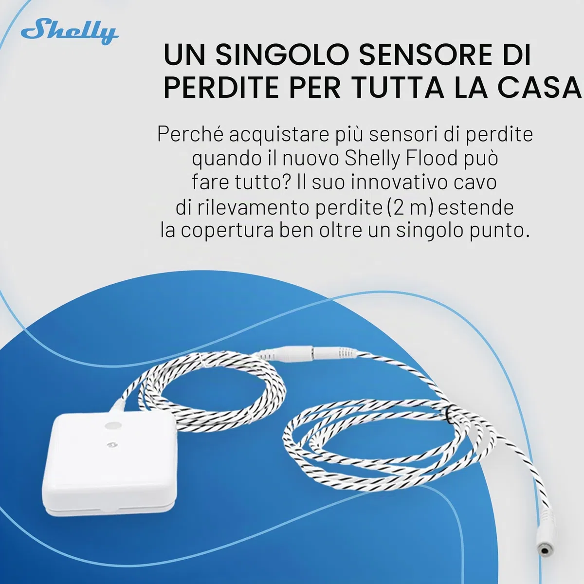 Shelly Flood Gen4 - Sensore Intelligente per Allagamenti con Cavo Sensore di Perdite, Wi-Fi & Matter, IP44, Tre Modalità di Allarme, Flood & Rilevamento Pioggia, Alexa, Google Home, HomeKit e Zigbee
