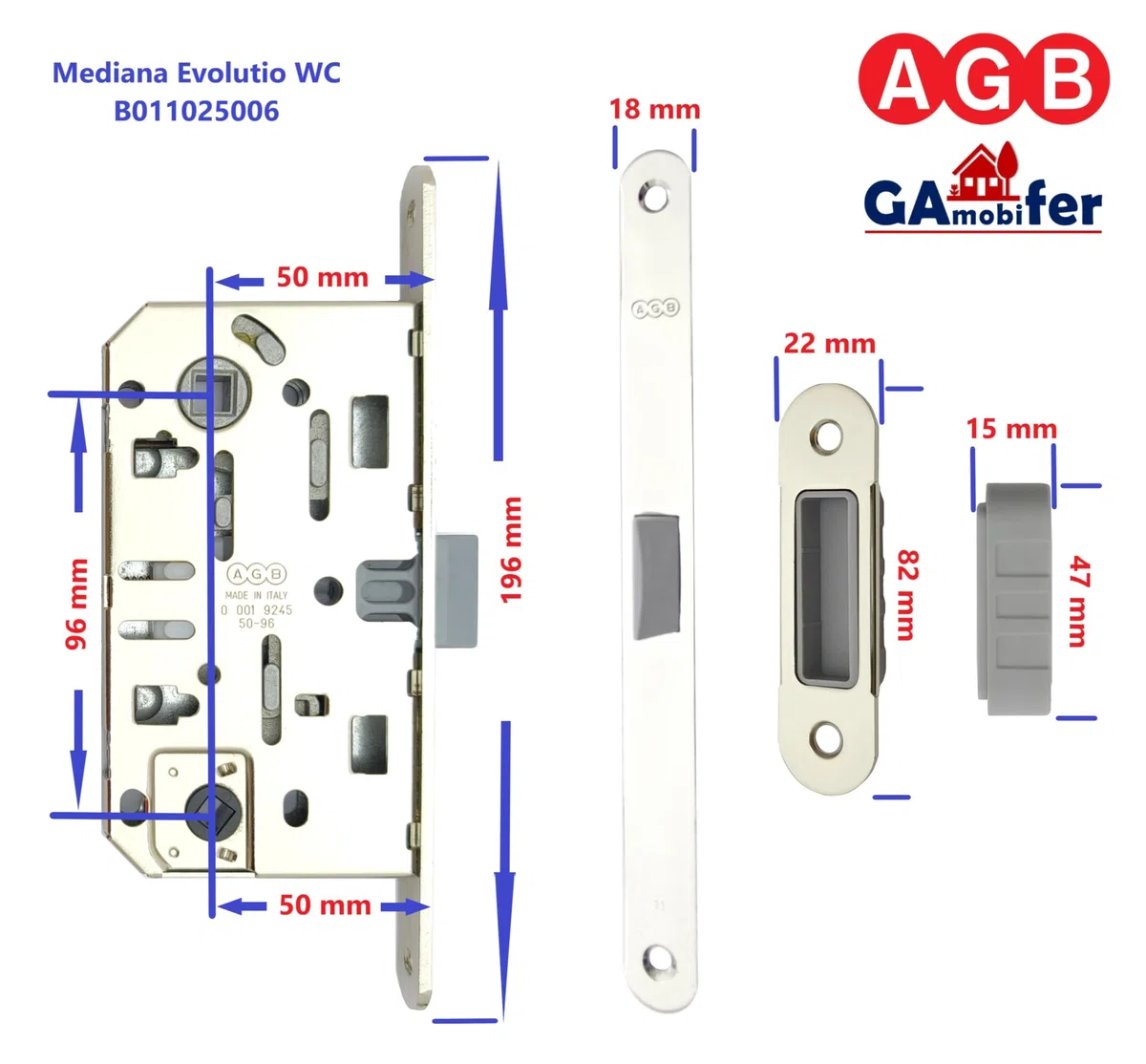 Serratura AGB Mediana Evolution con solo Scrocco Centrale per Porta Interna. (Nichelato Lucido WC)