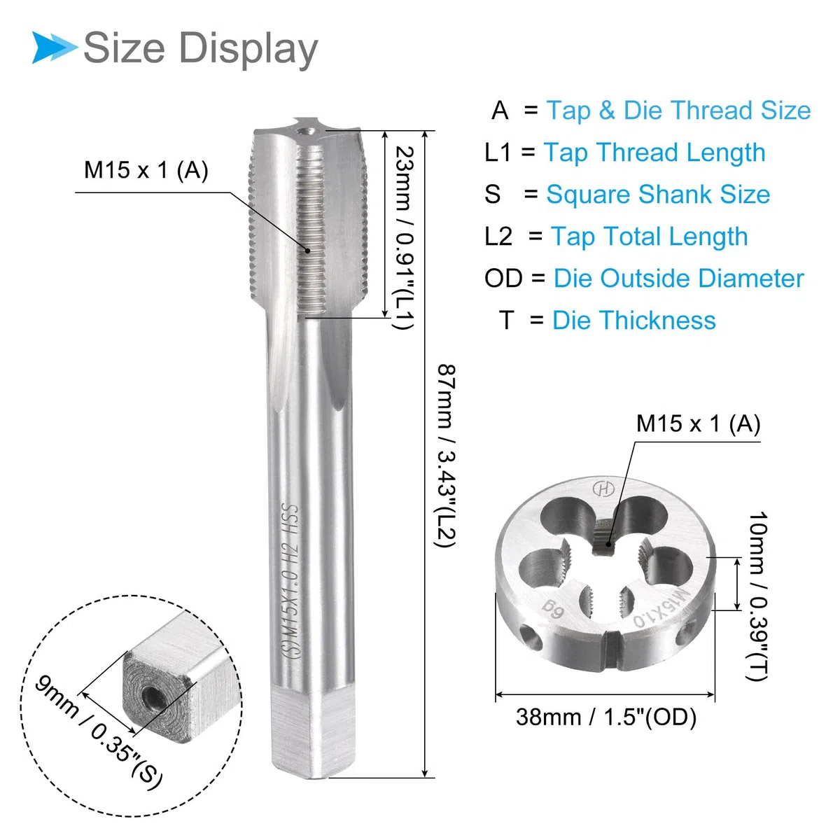 Set Rubinetti e Matrici, M15 x 1 Filettatura, Metrico Acciaio Alta Velocità Macchina Rubinetto per Vite & Kit Utensili per Stampi Tondi - (per Riparazione), 1 set