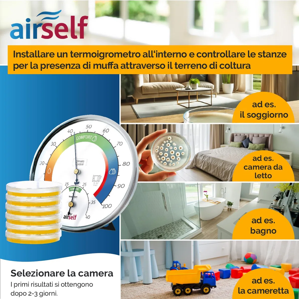 Test muffa + termoigrometro – controllo della qualità dell’aria in fino a 6 ambienti, con igrometro analogico per umidità e temperatura