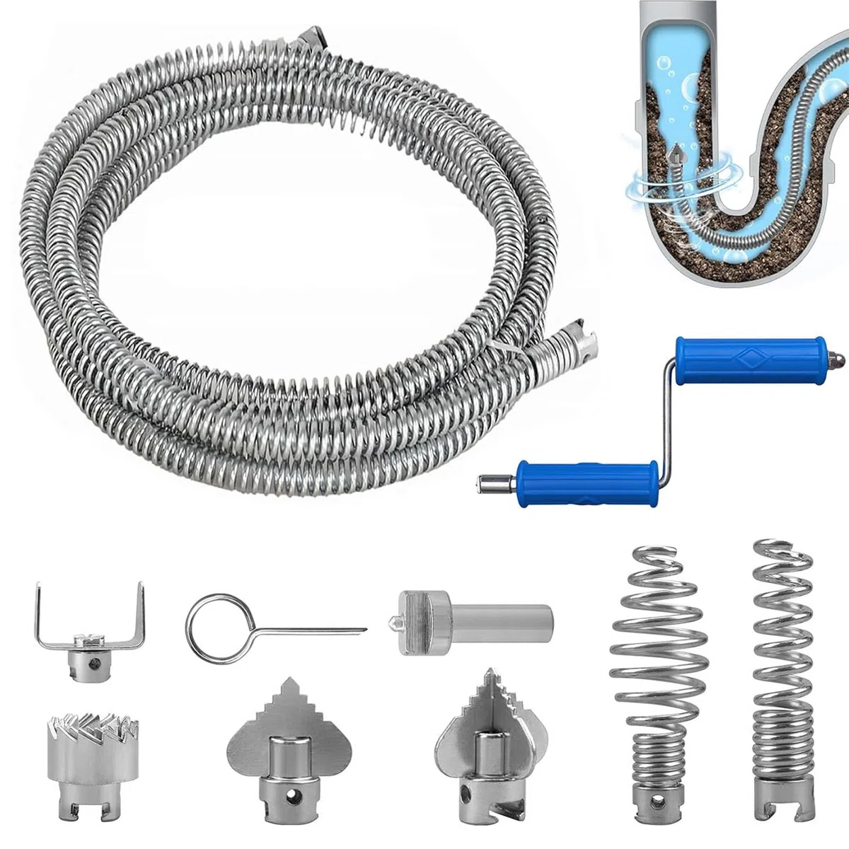 Spirale per la pulizia dei tubi, 5 m, diametro spirale 12 mm, con 6 testine di taglio e 1 adattatore manuale, pulitore a spirale per WC, allentamento dell'intasamento, fogna, vasca da bagno