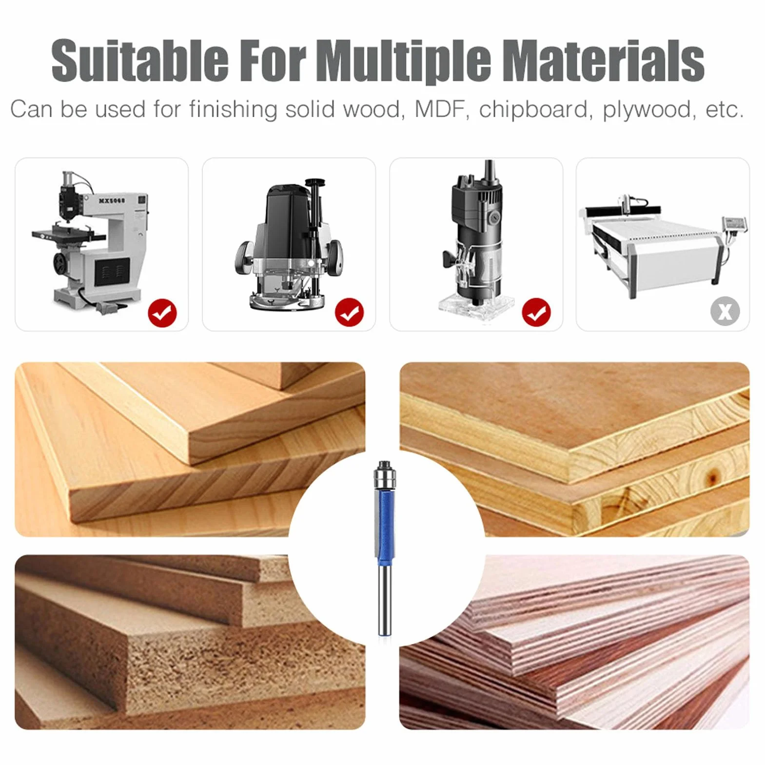 Set di Punte per Rifinitura a Filo, Doppio Cuscinetto, Gambo da 6 Mm, 4 Pezzi, Fresa Diritta, Strumento Professionale per la Lavorazione del Legno, con Scatola, per Carpenteria
