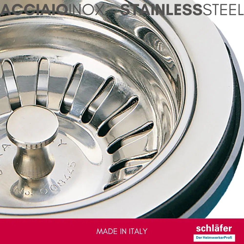 Schläfer 439726 | Piletta di Scarico per Lavello Tipo Basket Senza Troppo Pieno, Foro Ø 90mm, Pilettone Ø 114mm, Piletta Standard da 1"1/2 in Acciaio Inox con Vite e Cestello