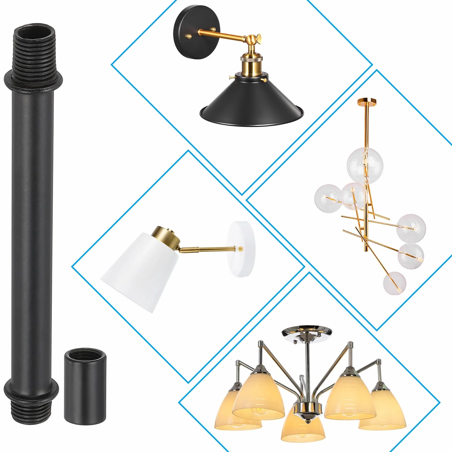 PATIKIL Kit Asta Lampada a Tubo Dritto, 4 Set M10 Acciaio al Carbonio 250mm Lunghezza Asta Filettata a Doppia Estremità con Dado Accoppiamento Manicotto Connettore per Lampade Tavolo, Nero