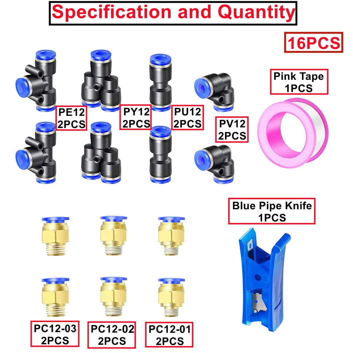 10 Metri Tubo per Aria Poliuretano Blu,12mm Diametro Esterno 8mm Diametro Interno Tubo Pneumatico per Aria Compressa,Pneumatico Flessibile 32.8ft con 14 Pcs Attacchi Rapidi