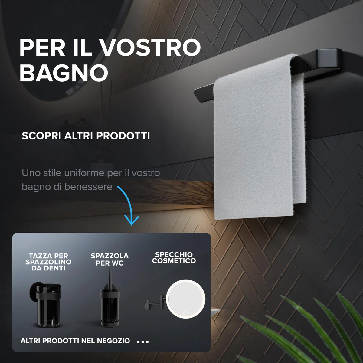 ovimar portasalviette Svenskoya Black in alluminio spazzolato | da incollare | 40 cm | design moderno e semplice | portasalviette senza foratura | per strofinacci o asciugamani in bagno o in cucina