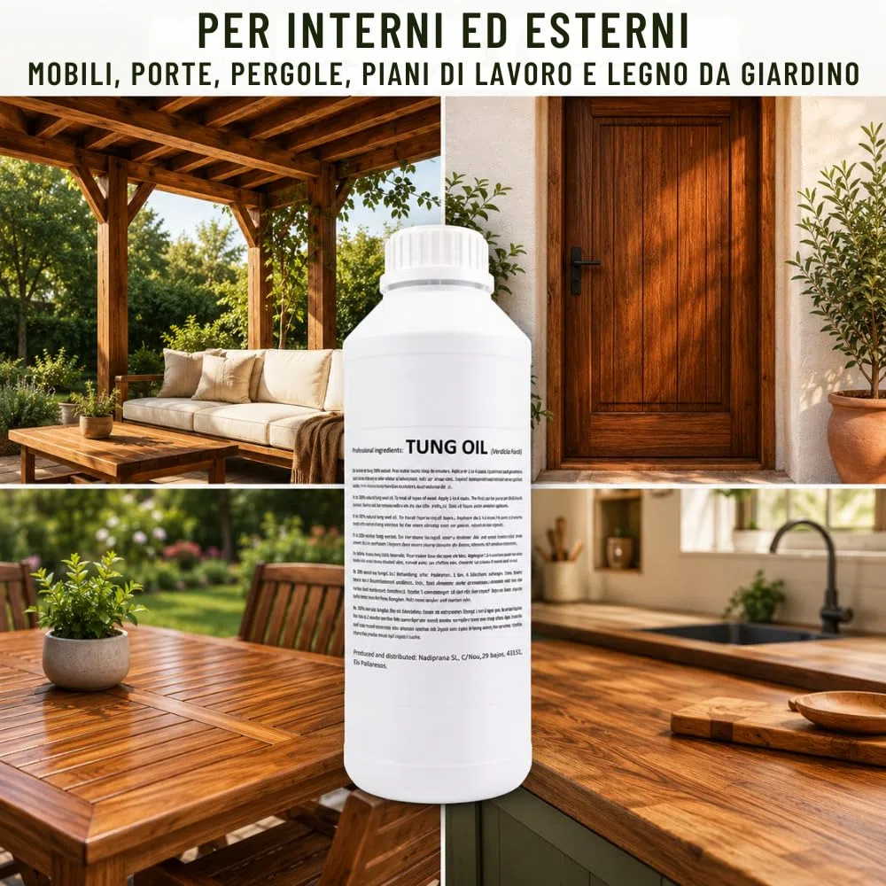 1 litro Olio di tung puro al 100% | Cura del legno naturale per interni ed esterni | Non altera il colore lasciando uno strato impermeabile molto resistente. - Snadi