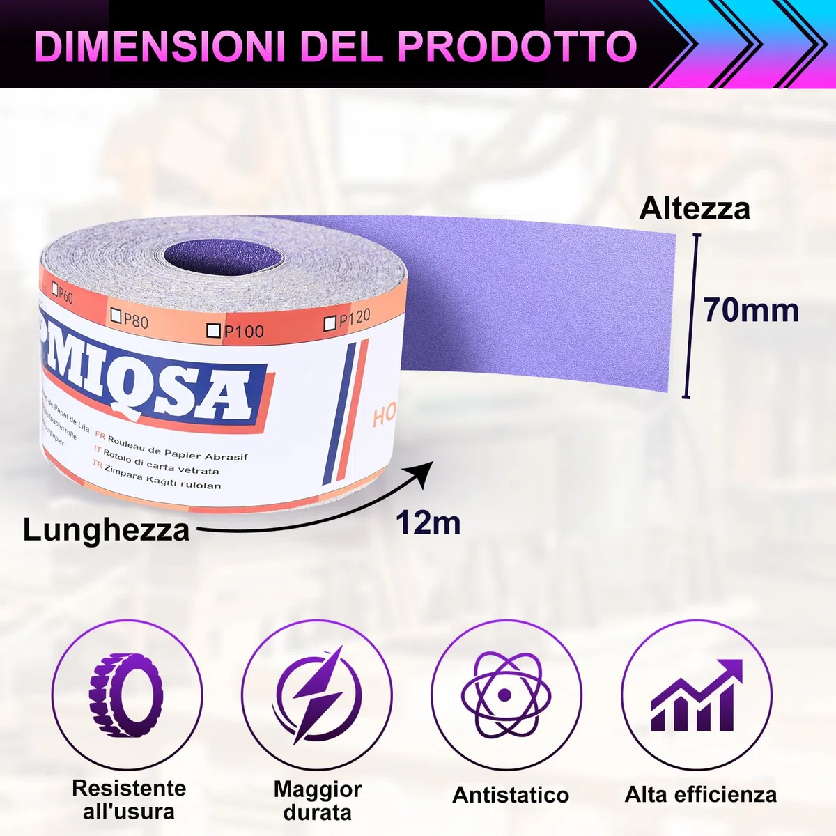 Grana 120 Rotolo Di Carta Vetrata, 70mm X 12 M Rotoli Di Carta Vetrata Ceramica Per Automotive, Levigatura Del Legno, Finitura Di Metalli, Plastica(Viola)