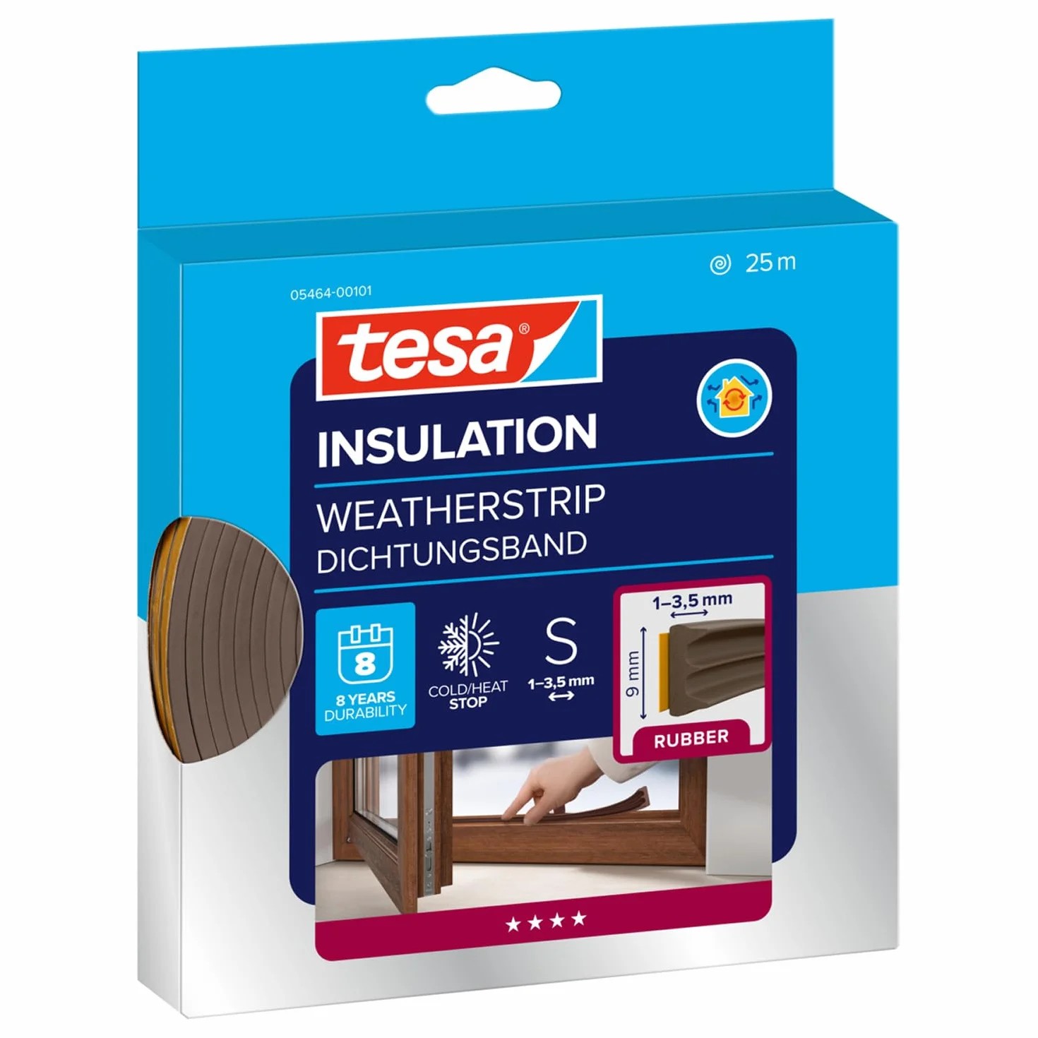 Tesa Moll E-Profile Seal - Gomma Sigillante per L'Isolamento degli Spazi tra Porte e Finestre - Marrone - 25 m x 9 mm x 4 mm