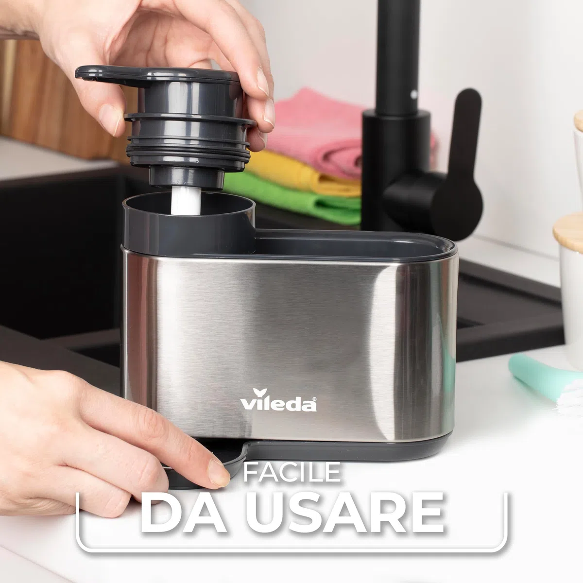 Vileda Sink Organizer con Dispenser di Sapone in Acciaio Inox - Porta Spugne da Cucina indipendente - Organizer Lavastoviglie con Dispenser di Sapone per Spugne e Spazzole - Durevole e Antiruggine