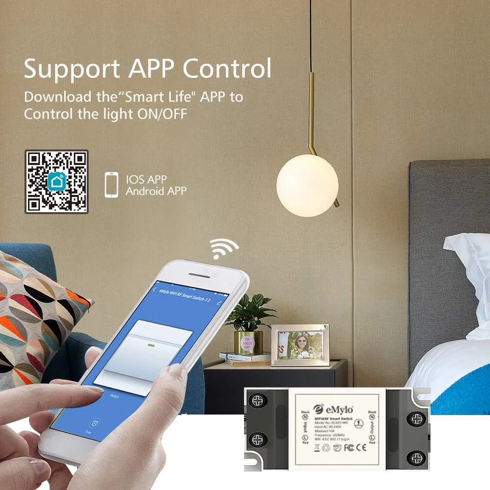 Smart Wifi Interruttore RF Modulo relè wireless Telecomando eMylo Interruttori della luce 1 canale 220V Domotica Timer Controllore 433Mhz Compatibile con Alexa/Google Home tramite Ios Android