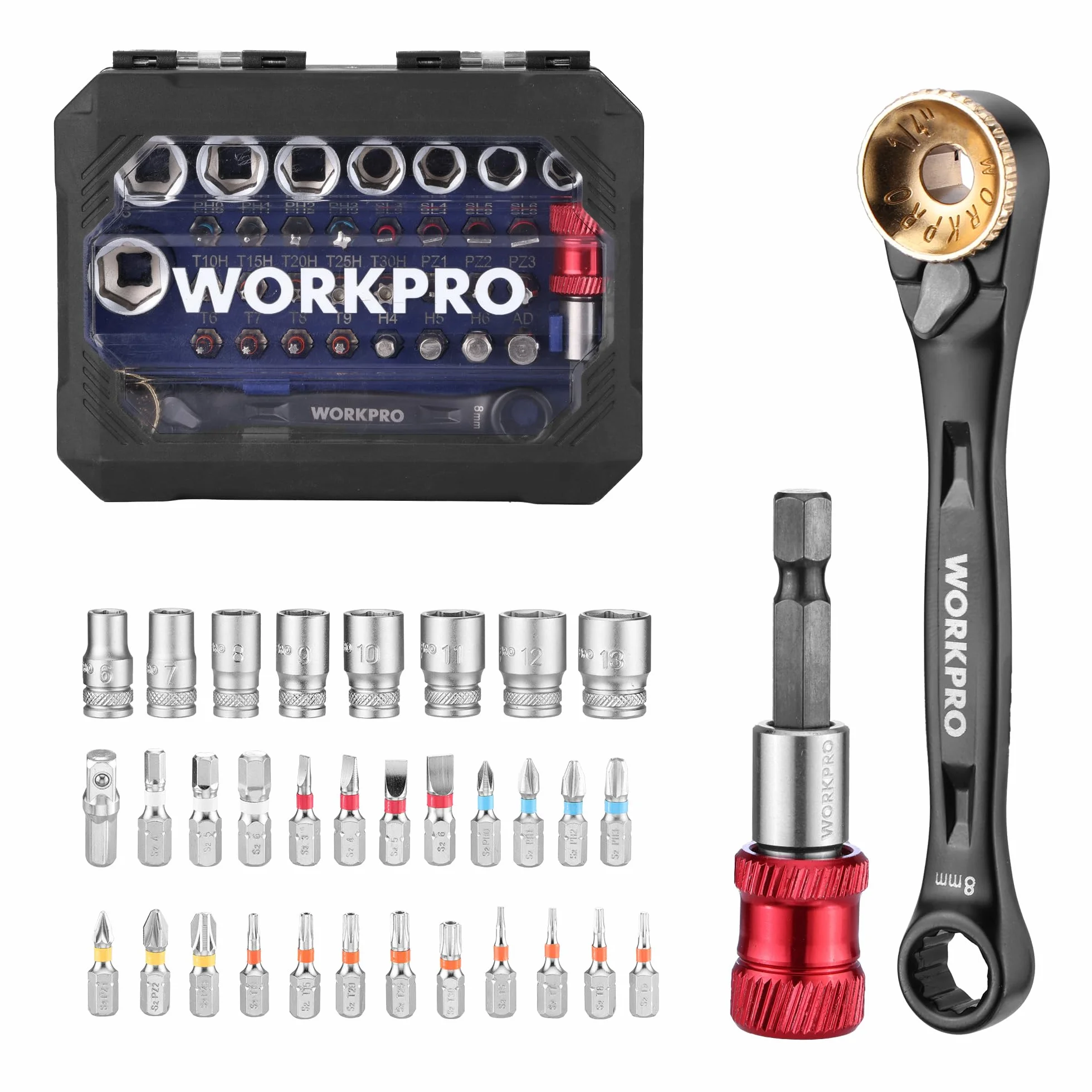 WORKPRO 34 Pezzi Mini Set Chiavi a Bussola con 1/4" Cricchetto a 72 Denti, Kit chiavi a bussola Portatile, 23 Punte in Acciaio S2, Ideale per Lavori Meccanici