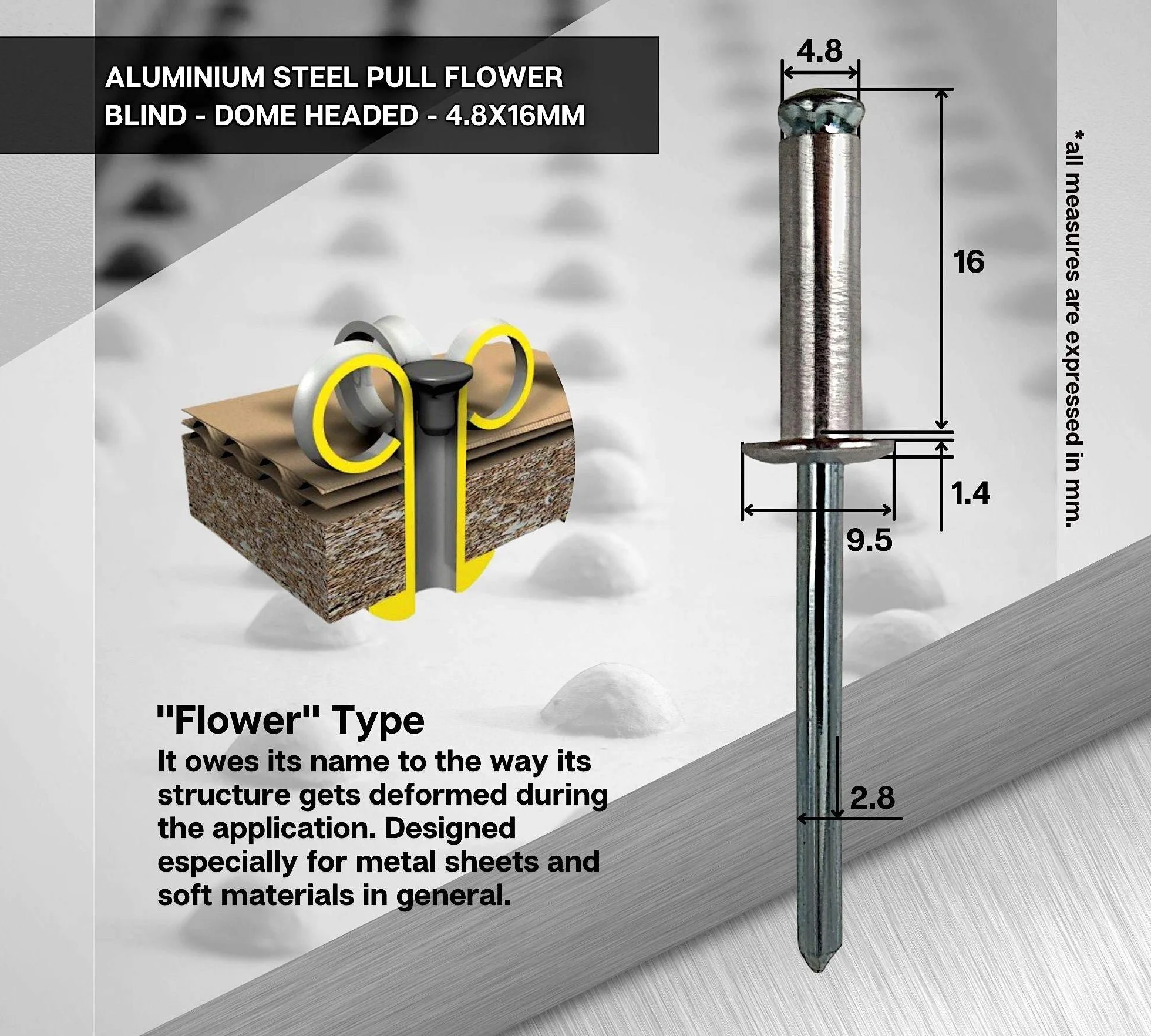DOJA Industrial | Rivetti Testa a Fiore | 4,8 x 17 mm | 250 Pezzi | Ribattini per Kit Rivettatrice Pneumatica e Manuale | Fissaggio Lamiera Alluminio, Targa (Auto e Moto) e Materiali in Metallo