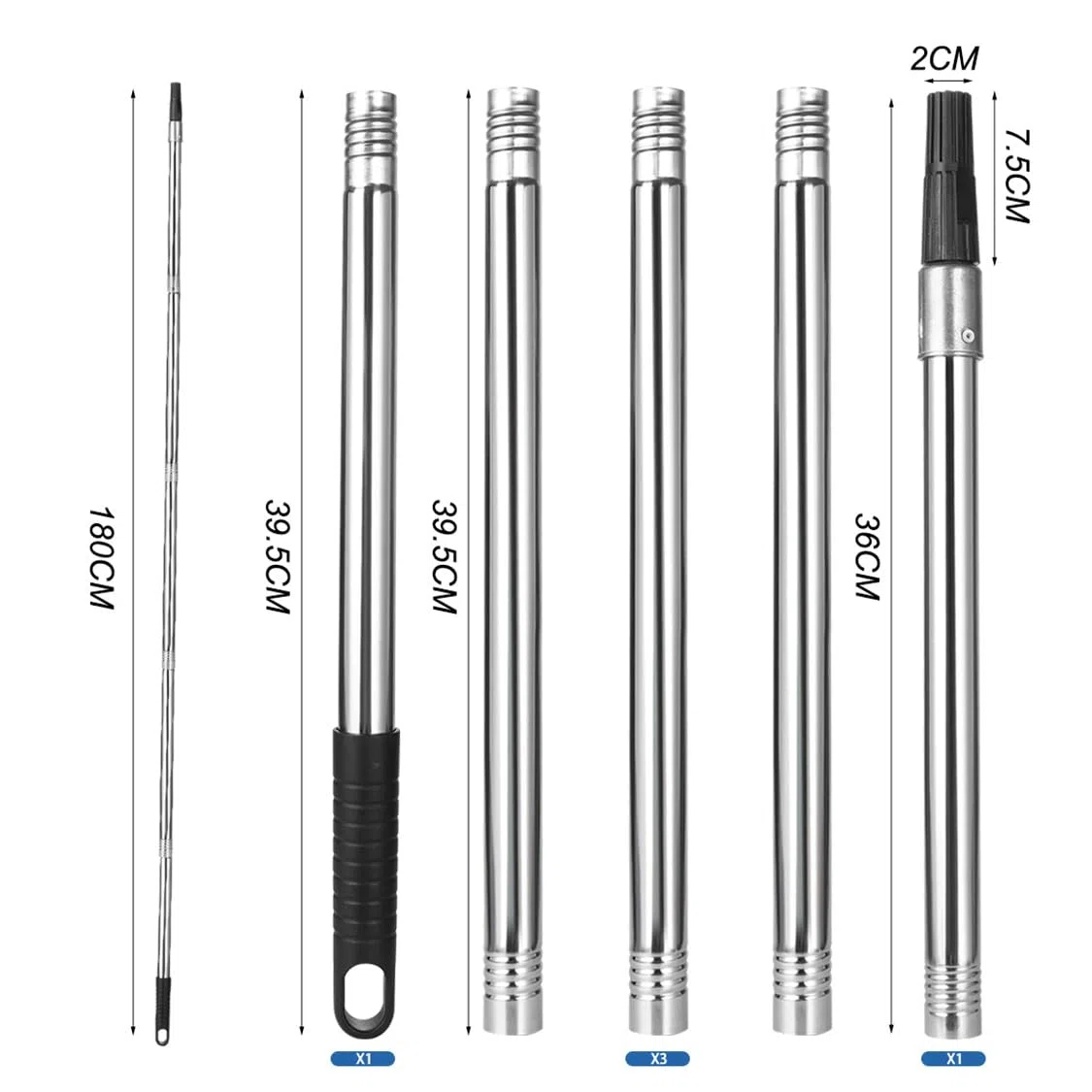 Asta di prolunga telescopica in acciaio inox, 5 pezzi, con adattatore conico, per strumenti di pulizia, 40 cm – 180 cm