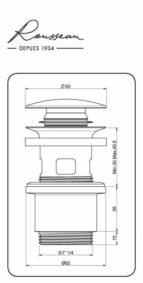 Edouard Rousseau Piletta Lavabo Clic-Clac, diam. 63 mm, certificato NF, con Troppo Pieno, Standard, Finitura Ottone Spazzolato