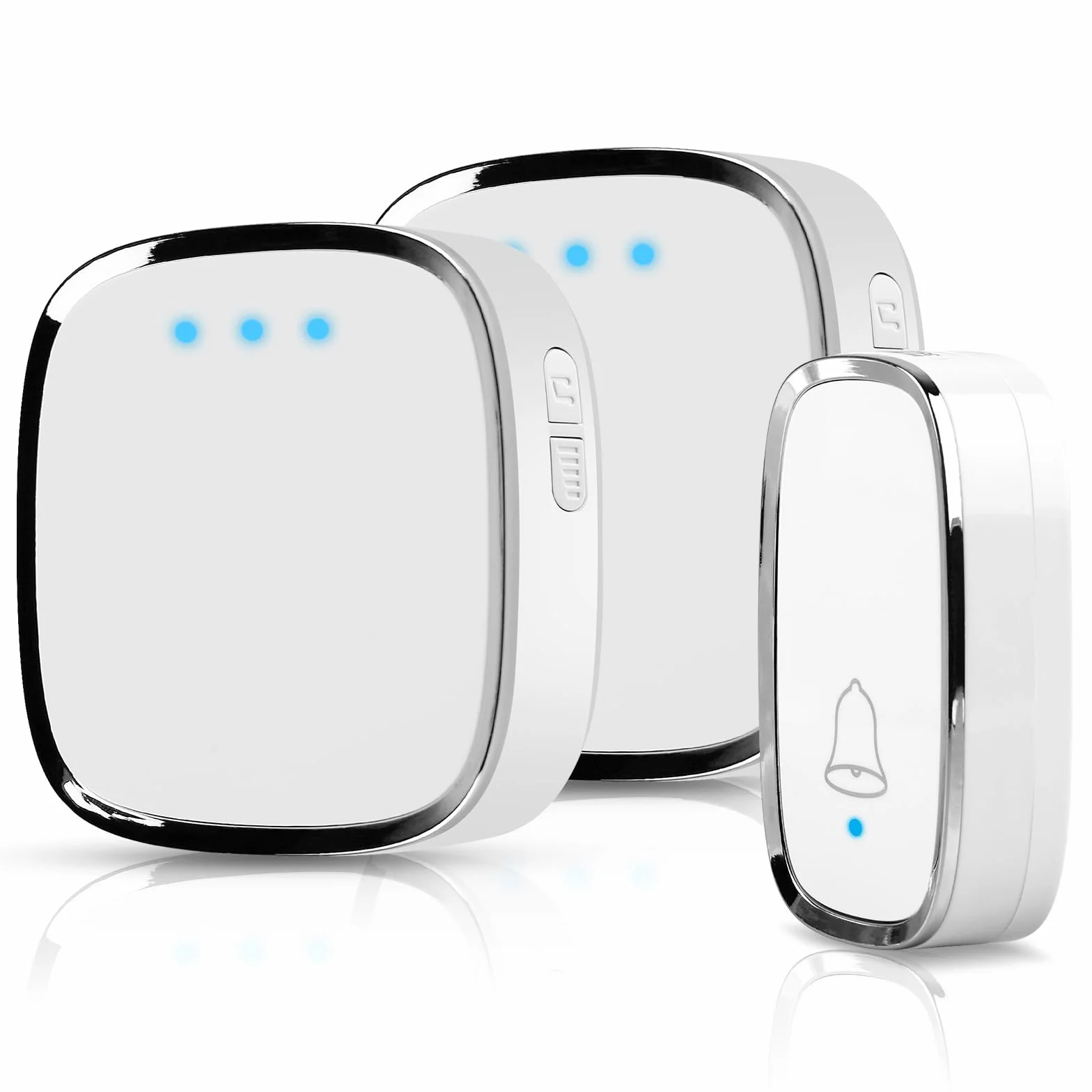 Campanello Senza Fili da Esterno: Campanello Wireless, Campanello Senza Fili da Interno, Doorbell Impermeabile IP44, 1 Trasmettitore e 2 Ricevitore, 58 Suonerie 5 Volume, Indicatori LED, Portata 300m