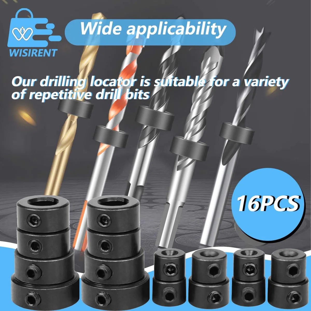 16 Pezzi Stop di Profondità Trapano WISIRENT, 2*3/4/5/6/8/10/12/16mm Nero Stop di Profondità Trapano con La Chiave Esagonale, Punte Profondità Anello Posizionatore Set di Trapano per Stop di Profondit