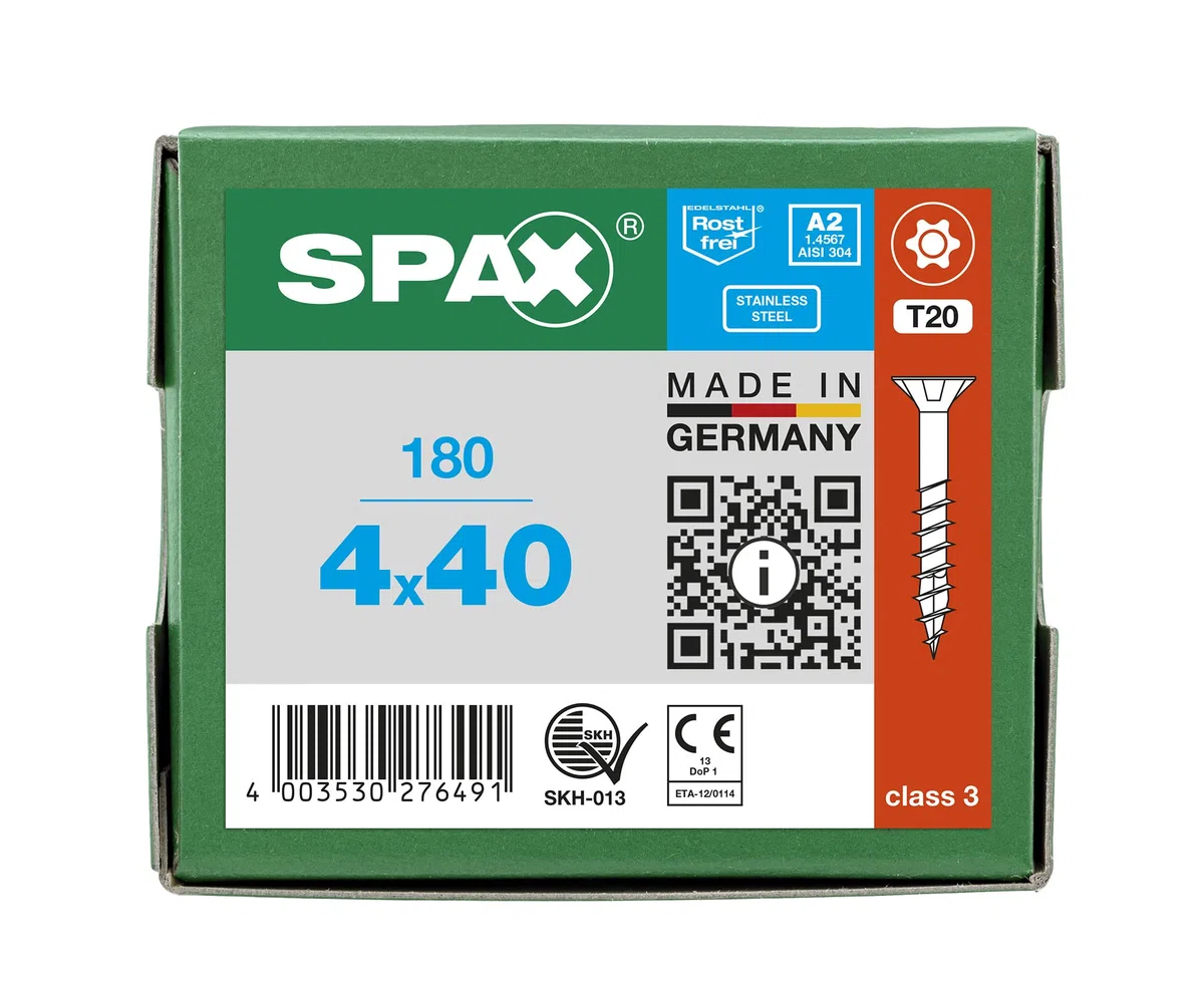 SPAX Viti in acciaio inox, 4 x 40 mm, 180 pezzi, filettatura parziale, a testa svasata T-STAR plus T20, 4CUT, in acciaio inox A2-800000276491