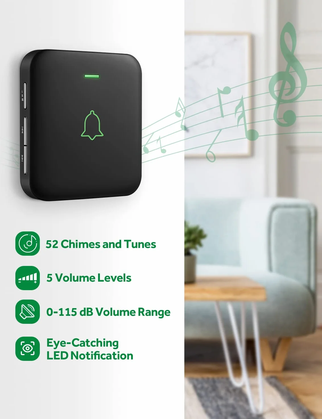 AVANTEK, campanello senza fili a batteria, mini campanello senza fili 300 m, impermeabile IP65, 52 melodie su 5 livelli di volume con indicatore LED, BA-11