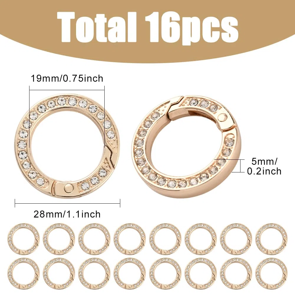 1 scatola Da 16 pezzi Da 28mm con Molla In Oro Anelli Portachiavi con Strass Anello Elastico Rotondo Piccolo Moschettone In Metlega Ganci per Portachiavi per La Creazione di Gioielli Accessor