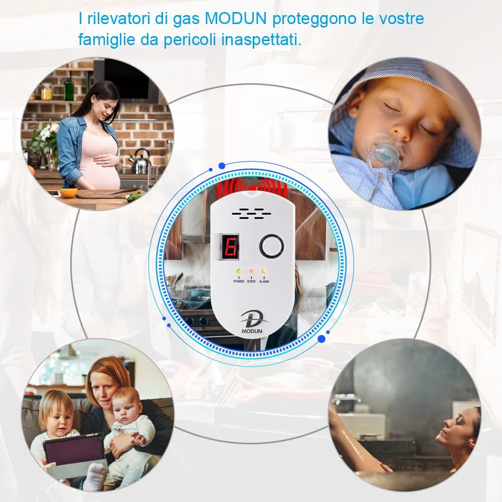 D MODUN - Rilevatore di Gas, Gas Naturale/GPL/Rilevatore Gas di Carbone, Plug-in Monitor di Fughe di Gas con Allarme Sonoro e Display digitale LED, Methane Propane Butano per Cucine, Garage e Camper