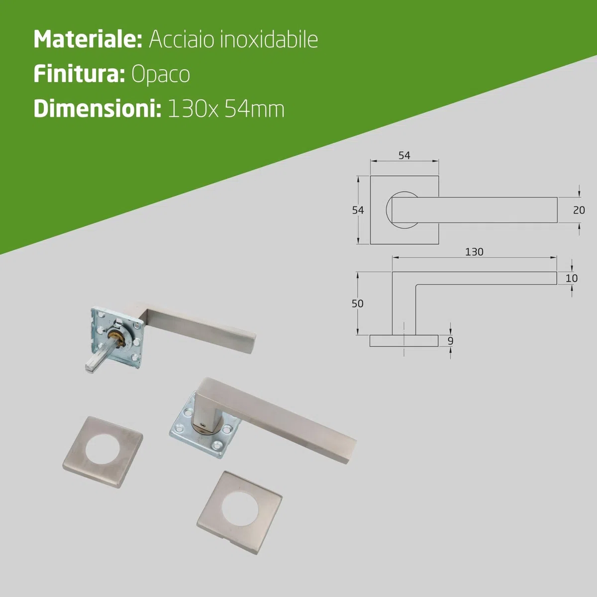 Amig - Set di Maniglie con Rosetta Interna per Porte | Mod. SUKI | 54 x 54 mm | Quadretto da 8 mm | Design Elegante e Semplice | Acciaio Inossidabile | Argentato Opaco