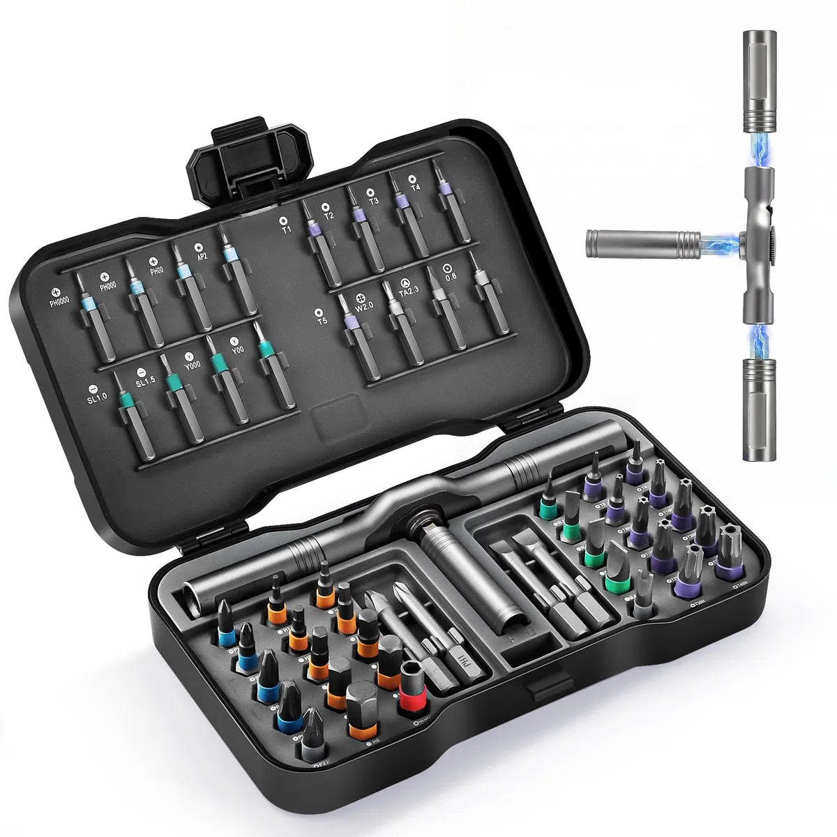 Set cacciavite a cricchetto, 50 in 1 set cacciaviti magnetico, cacciavite S2 con cricchetto a 58 denti, manico a T rimovibile per viti di mobili, strumenti di precisione, strumenti di bicicletta, ecc
