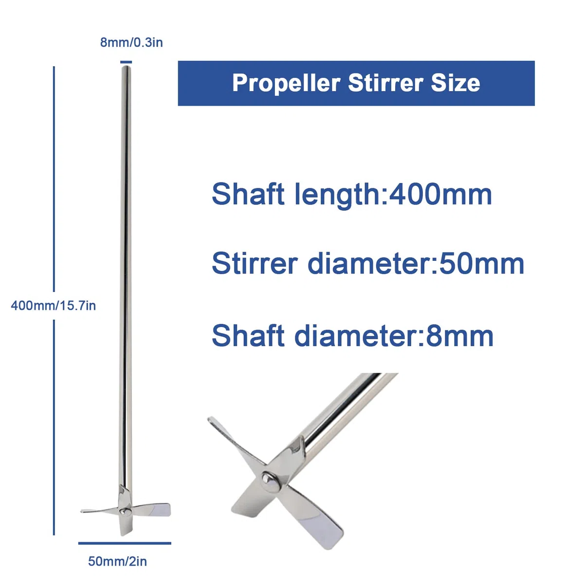 ONiLAB 18900071 316L Acciaio inossidabile 4 pale elica agitatore, diametro agitatore 50 mm, diametro albero 8 mm, lunghezza albero 400 mm