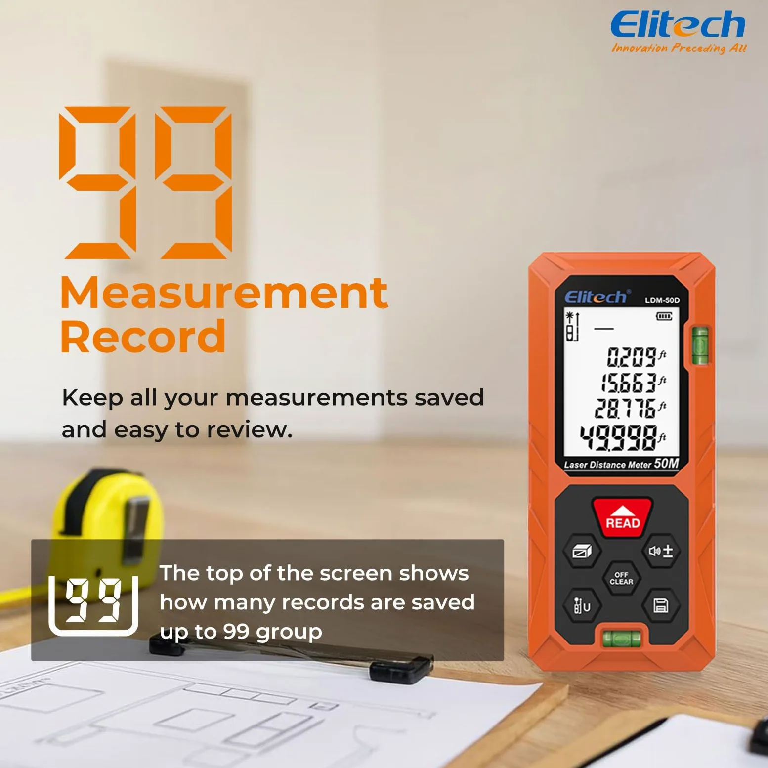 Elitech Distanziometro Laser 50m Precisione ±2mm Metro Laser Professionale con Modalità Area/Volume/Pitagora, LCD Retroilluminato, 99 Registrazioni, Unità Ft/In/M
