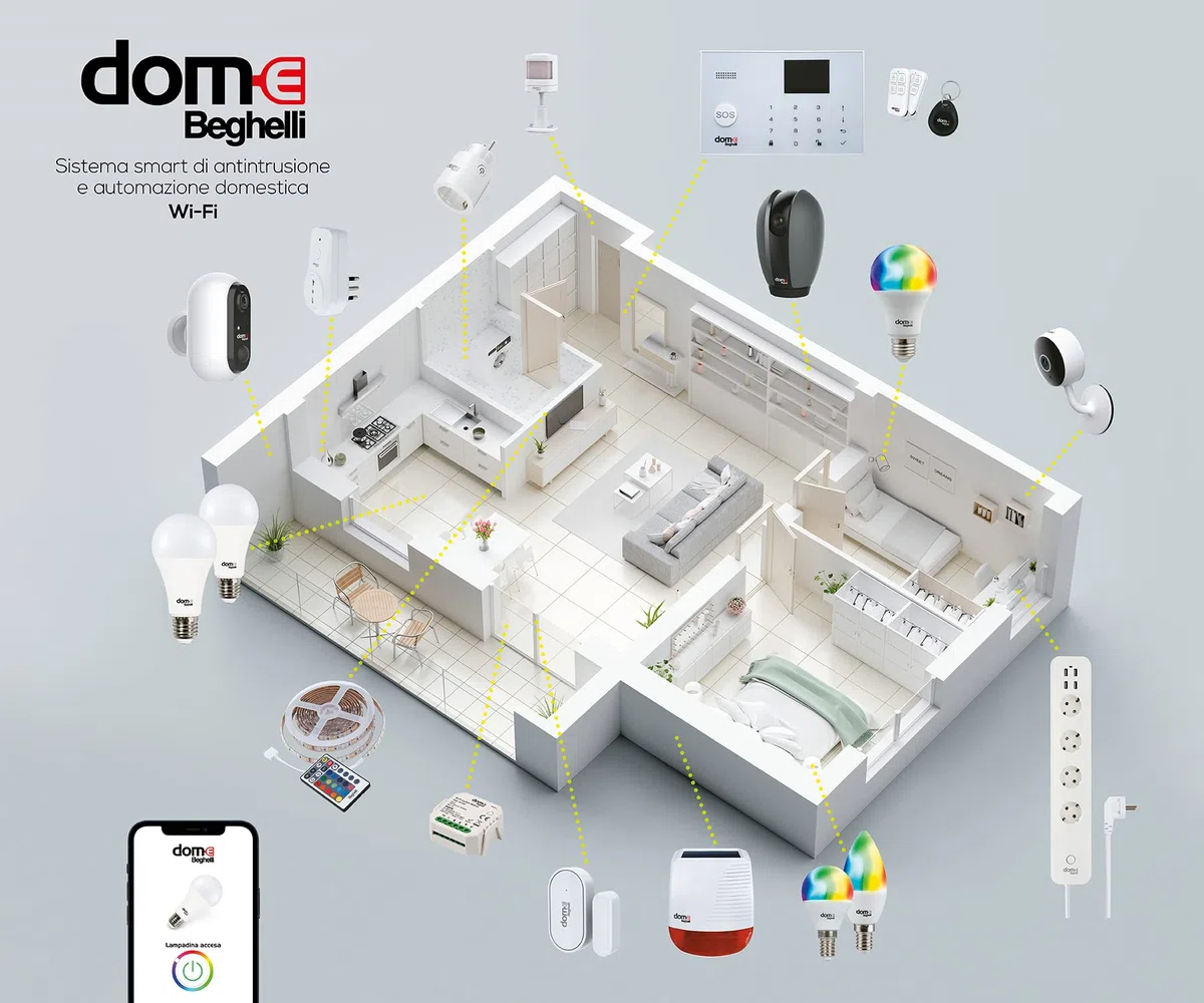 Beghelli - Dom-e Interruttore WiFi, Modulo Attuatore Wireless On-Off, Relé e Dimmer Smart, Controllo Luci da Smartphone, Compatibile con Alexa e Google Assistant, App Dom-E, Gruppo Beghelli, Bianco