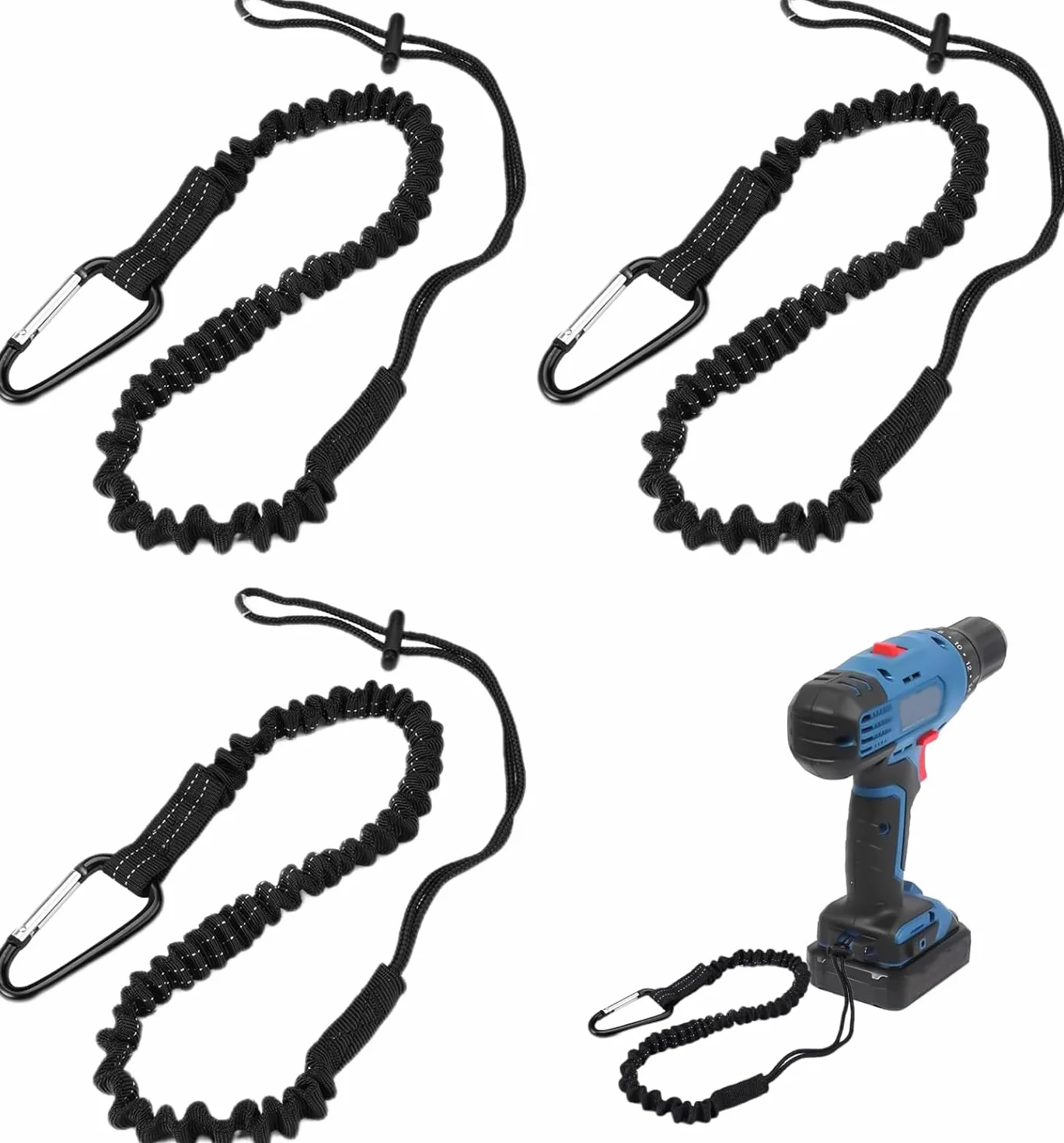 3 Pezzi Corda Di Sicurezza per Attrezzi da Lavoro, Cordino Anticaduta con Moschettone, 50cm-120cm Elastico Cordino Anticaduta Attrezzi per Edilizia, Lavori In Quota, Alpinismo, Pulizia Professional