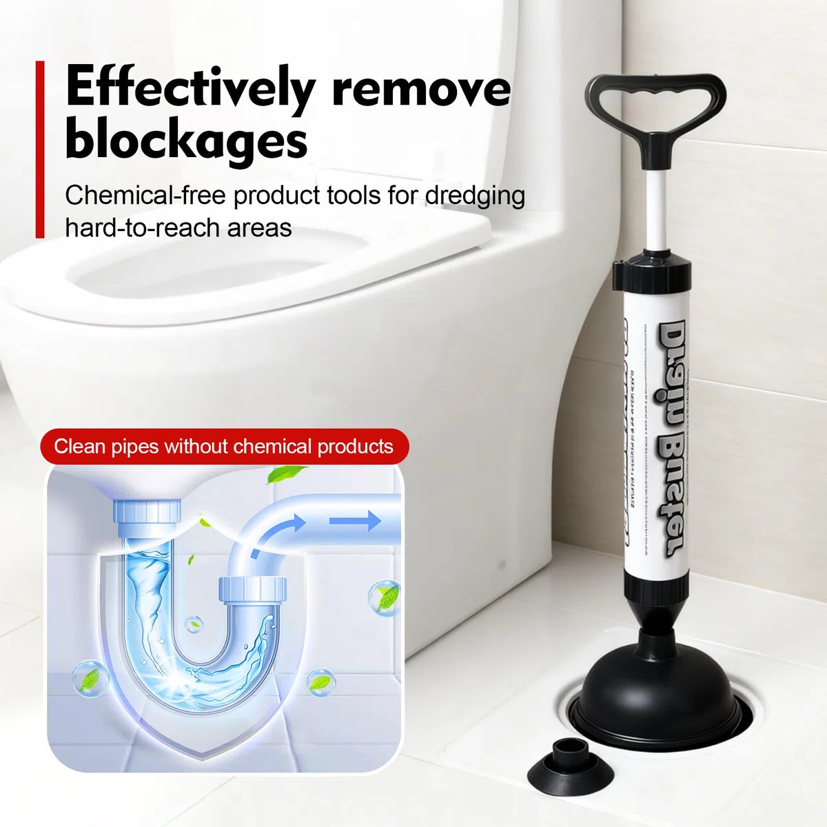 Sturalavandini e WC a Pressione con Ventosa, 2 Testine Intercambiabili, Pompa per Scarichi Forte, Adatta Lavello, Vasca e Doccia, Ergonomico Anti-Schizzi