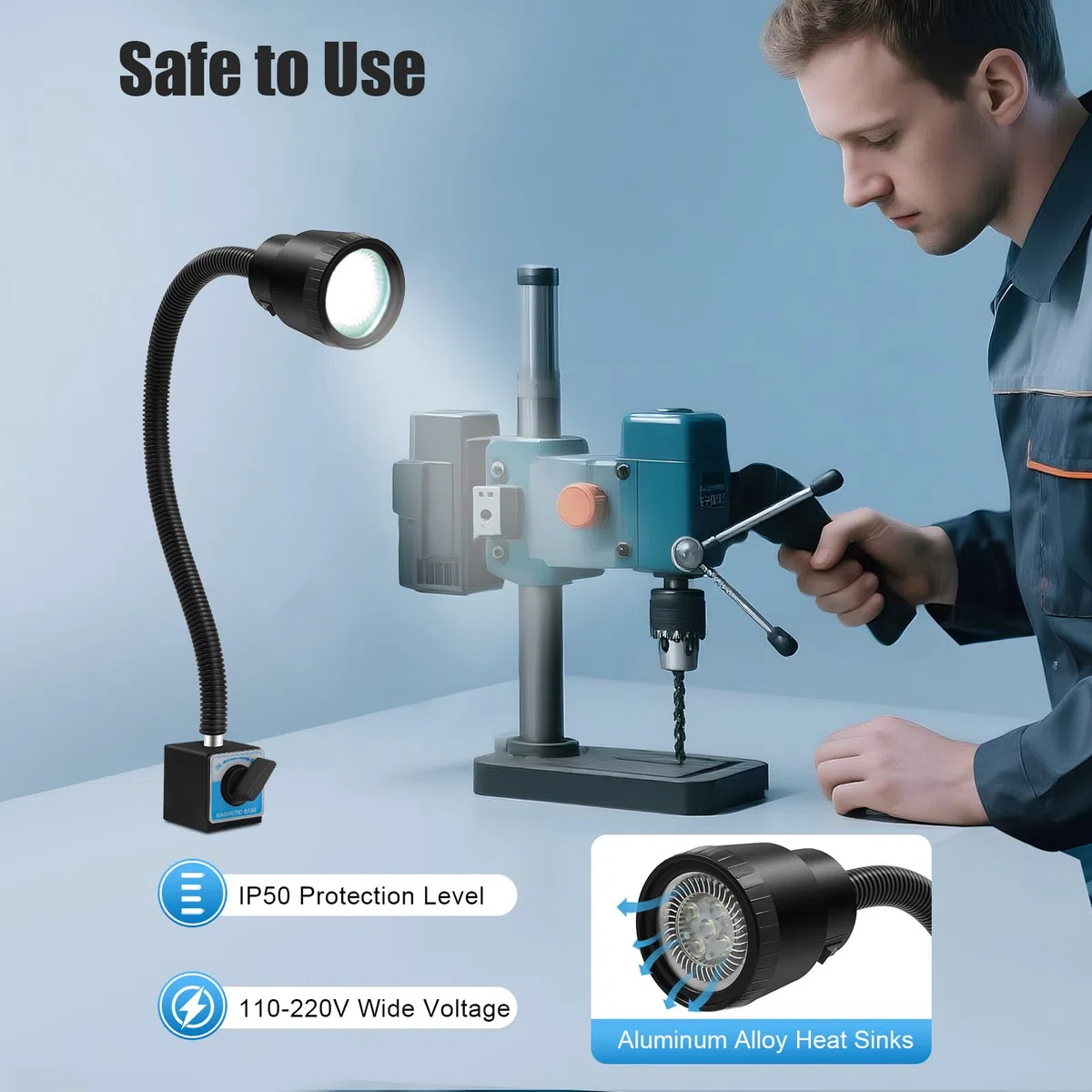 Lampada per tornio, CNC, magnetica, 220 V, lampada da lavoro a LED, base magnetica, impermeabile IP50, braccio flessibile, lampada da macchina, luce a collo di cigno [classe energetica E]