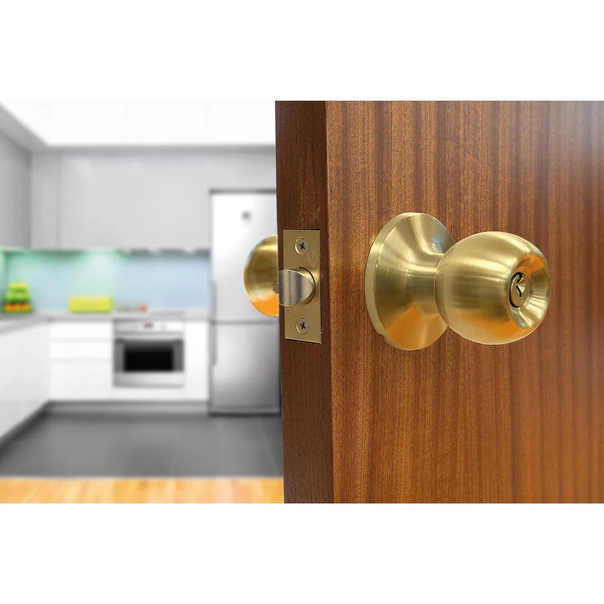 Amig - Set di Pomelli a Sfera con Serratura | Ingresso Sicuro con Chiave e Serratura Interna | Ottone Lucidato per Porte in Legno | Design Elegante e Robusto, Ottone Lucido, Standard