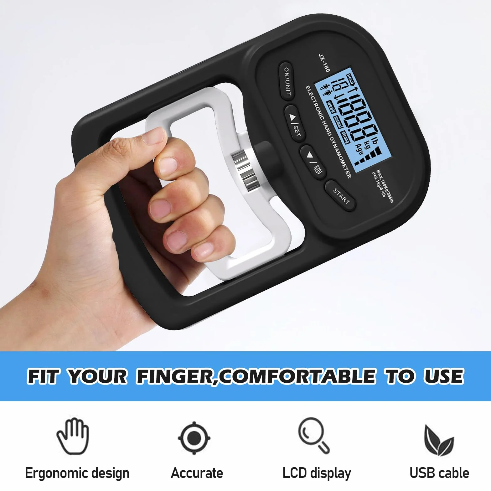Vegena Misuratore di forza manuale digitale, manometro da 198 libbre/90 kg, dinamometro automatico manuale, display a LED e cavo di ricarica USB, design ergonomico (nero)