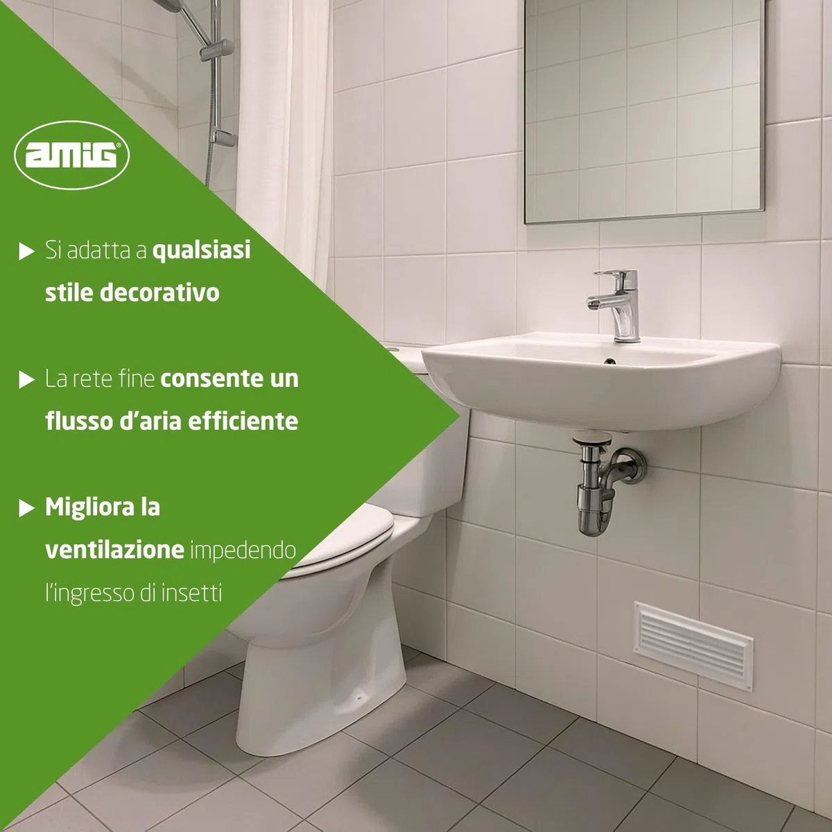 Amig - Set di 6 griglie di ventilazione rettangolari in plastica con zanzariera - Ideali per cucina e bagno - 260x90 mm - Bianco