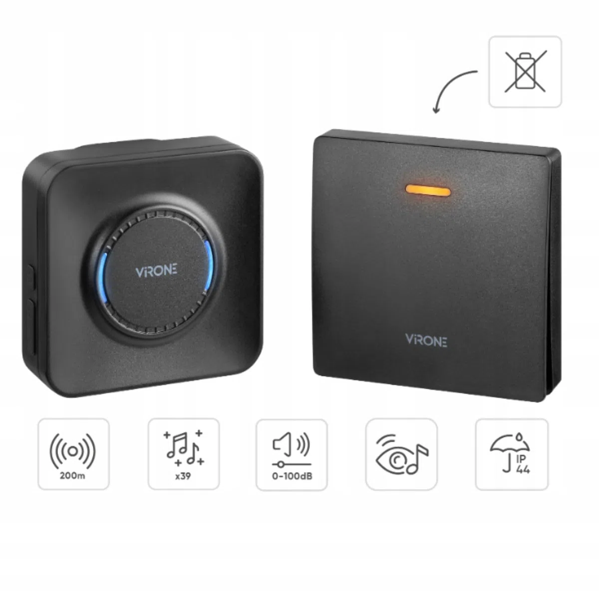 Virone TELERO AC Campanello Senza Fili da Esterno - Non Richiede Batterie - 39 Suonerie - 4 Livelli di Volume max.100dB - Campanello per Anziani - 230V Portata fino a 200m IP44